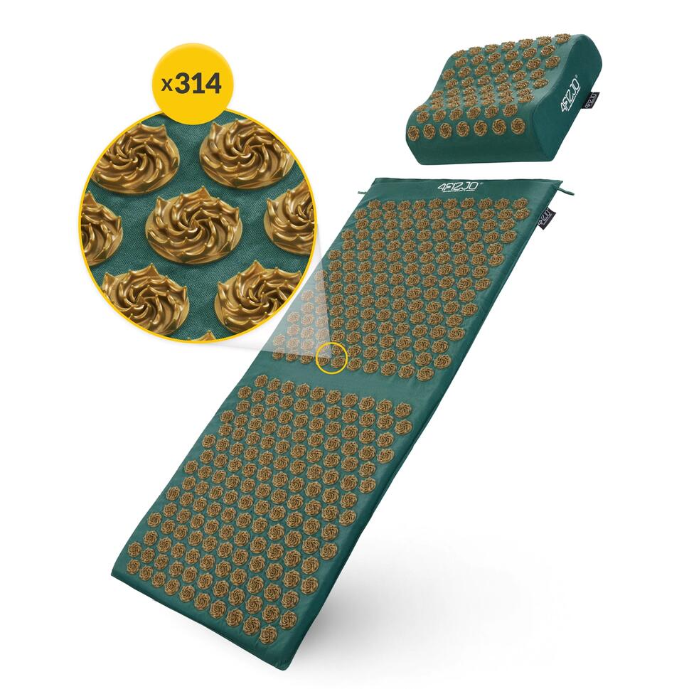 Duża mata do akupresury terapeutyczna 4FIZJO ERGO XL z poduszką zielono-złota