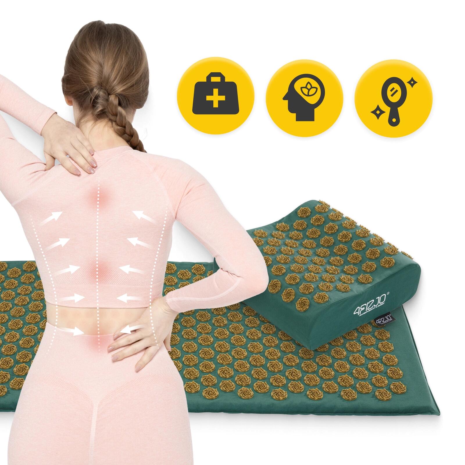 Duża mata do akupresury terapeutyczna 4FIZJO ERGO XL z poduszką zielono-złota 4/7