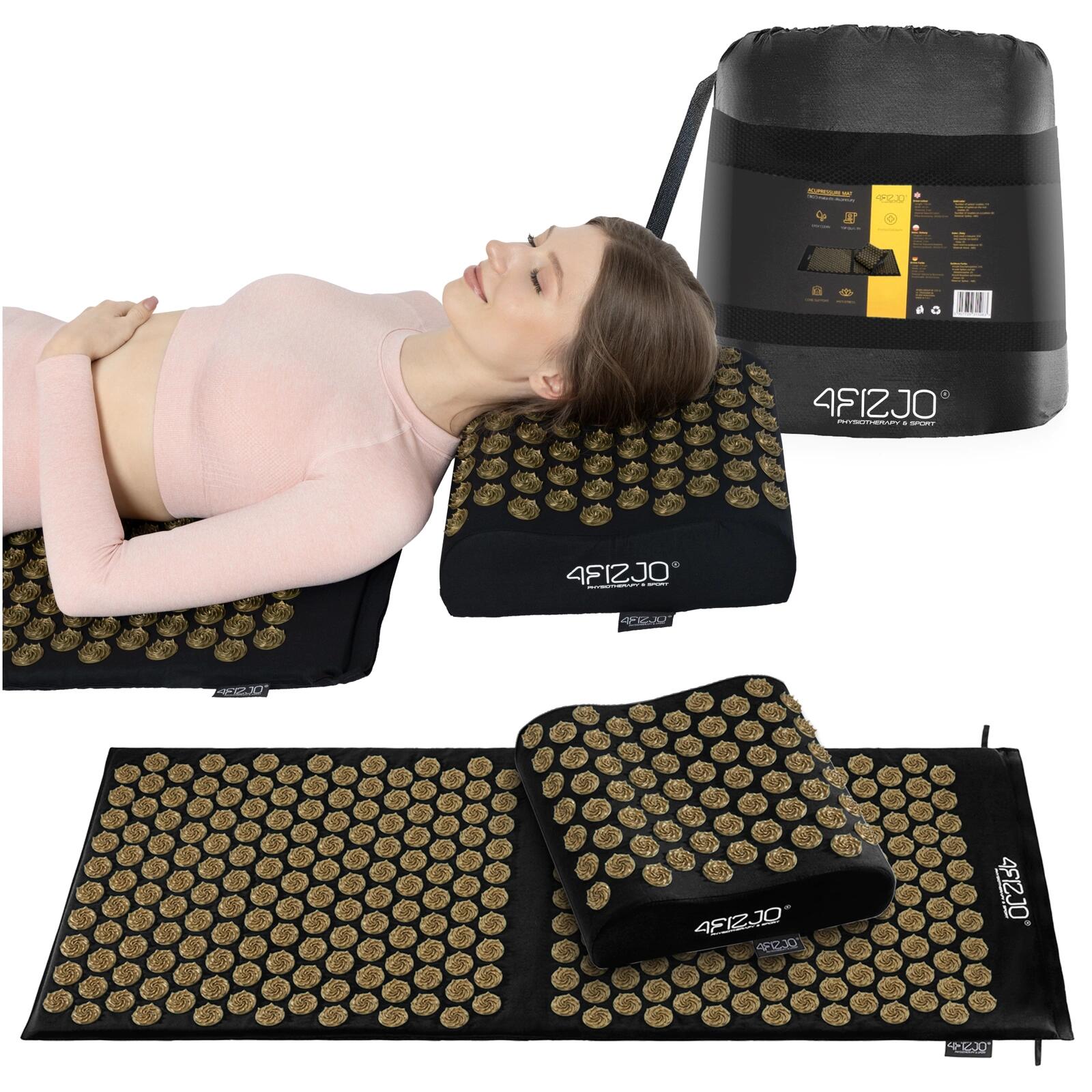 Duża mata do akupresury terapeutyczna 4FIZJO ERGO XL z poduszką czarno-złota