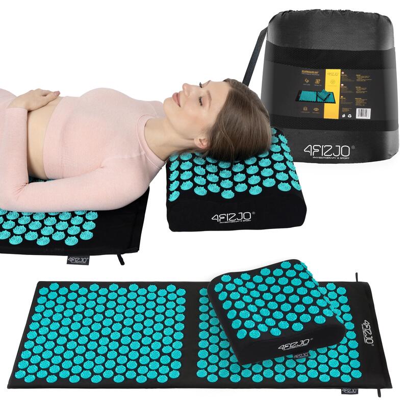Duża mata do akupresury terapeutyczna 4FIZJO ERGO XL z poduszką niebiesko-czarna