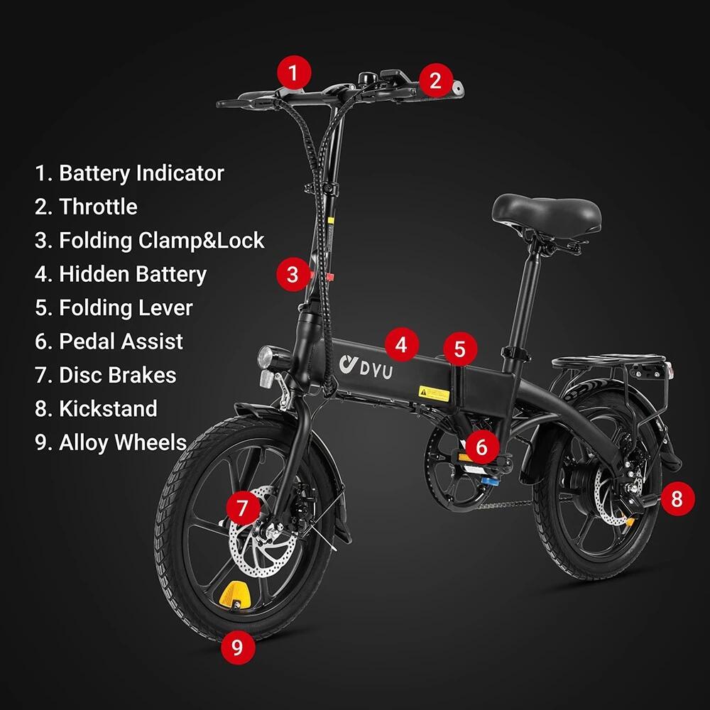 Bicicleta eléctrica urbana DYU A1F Pro de 16", 250 W, 36 V y 7,5 Ah 7/7
