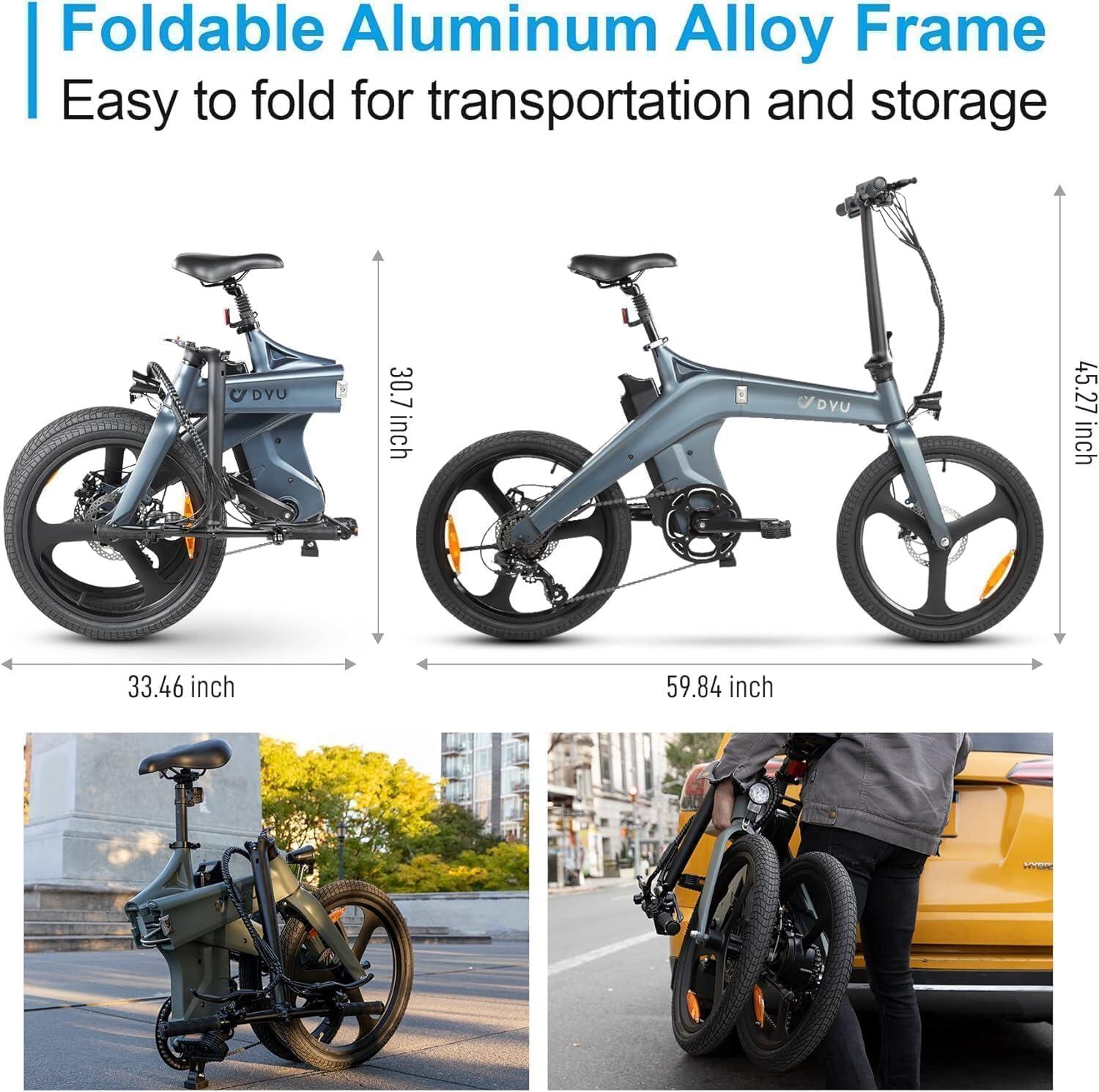 Elektrische stadsfiets DYU T1 met 20" banden, 250W motor en 36V 10Ah accu 4/6