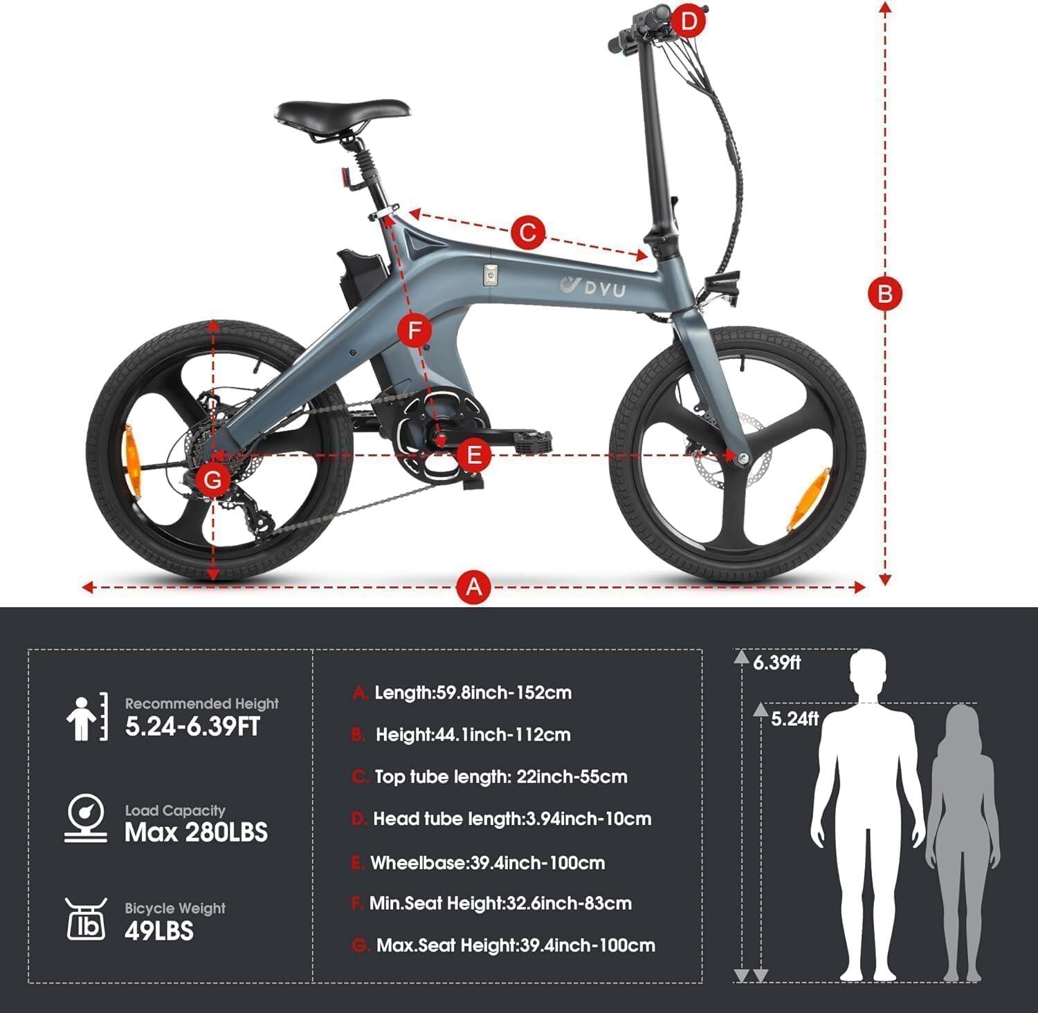 Elektrische stadsfiets DYU T1 met 20" banden, 250W motor en 36V 10Ah accu 5/6