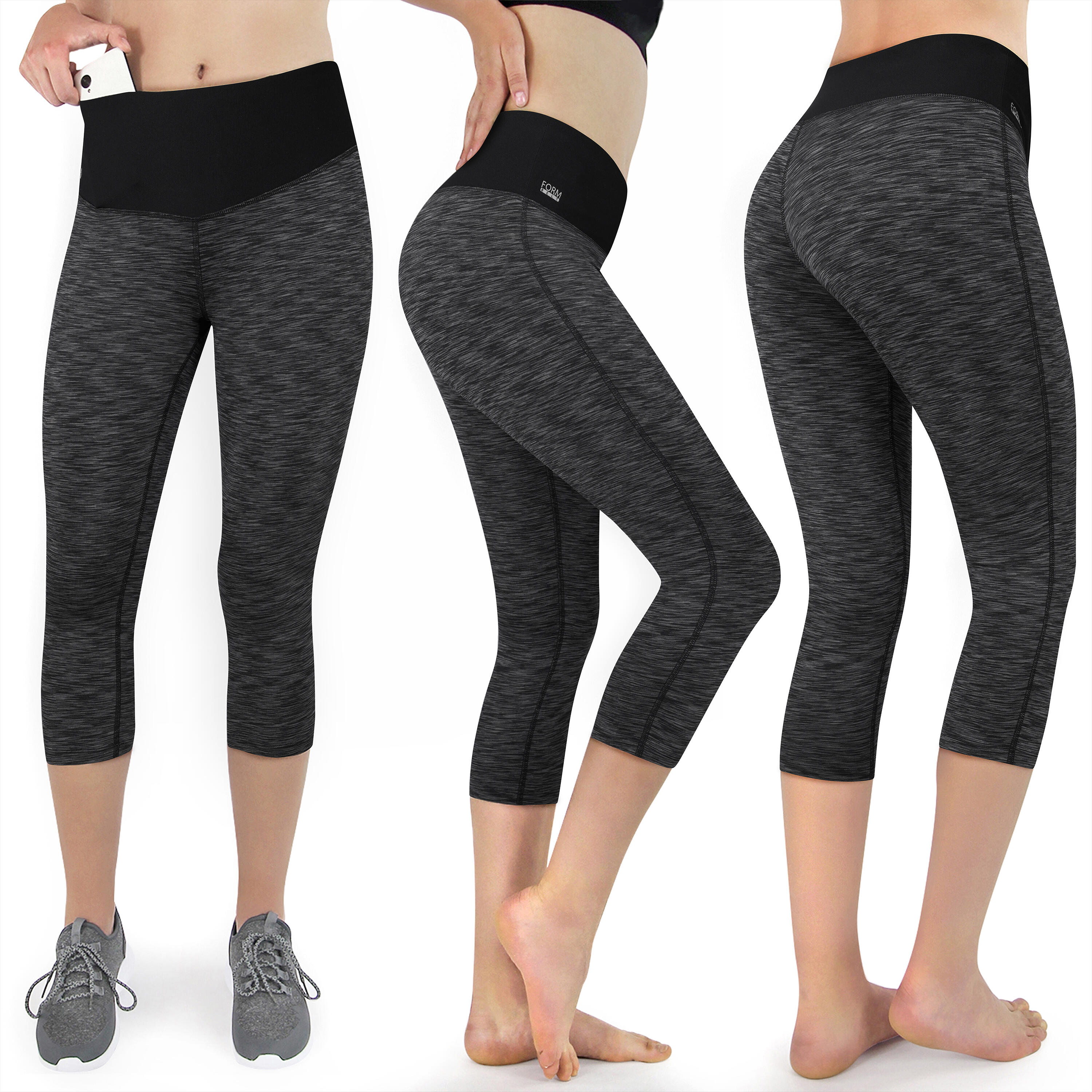 Damen 3/4 Laufhose Capri Hoher Bund, Atmungsaktiv, mit  Handytasche-schwarz grau 2/7