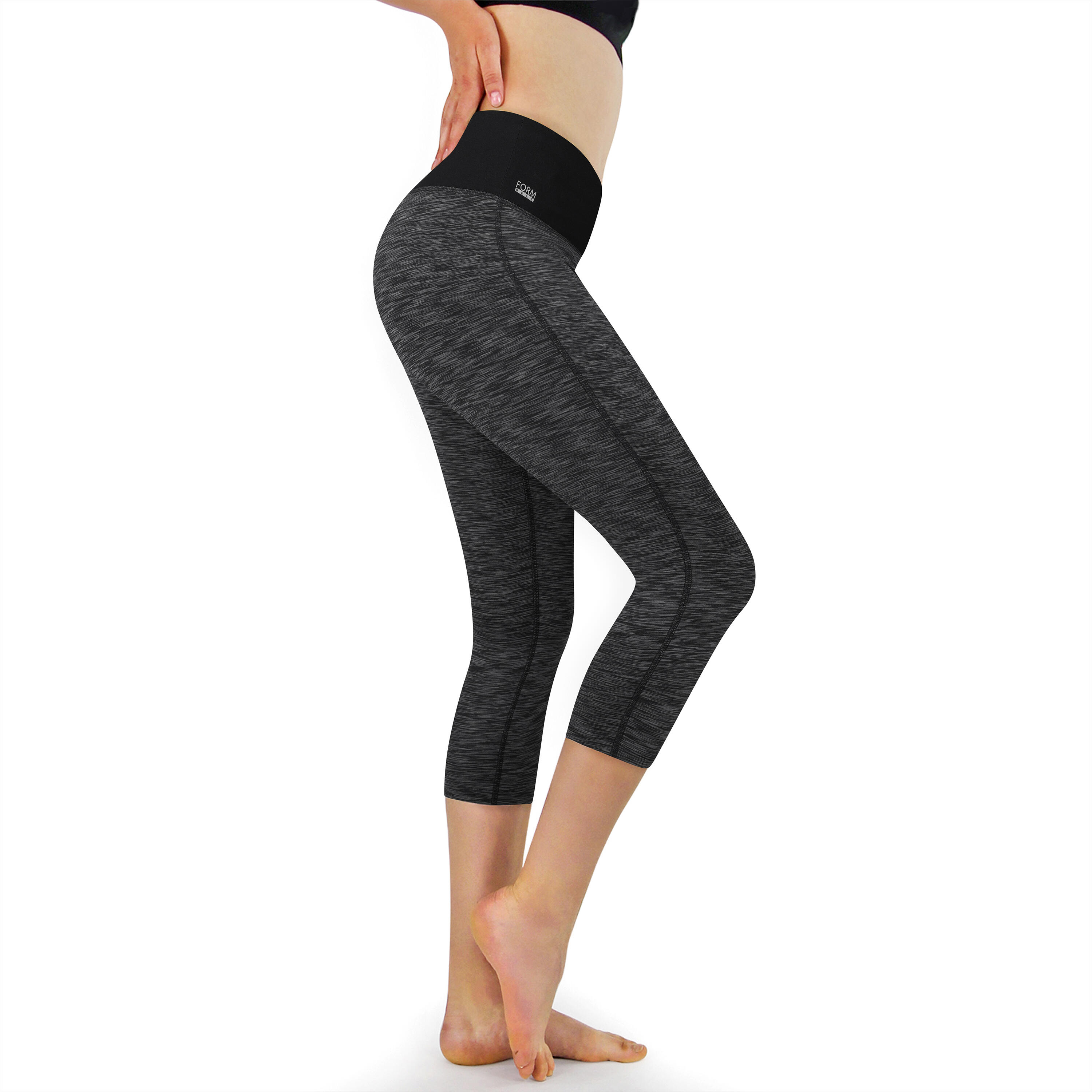 Damen 3/4 Laufhose Capri Hoher Bund, Atmungsaktiv, mit  Handytasche-schwarz grau 5/7