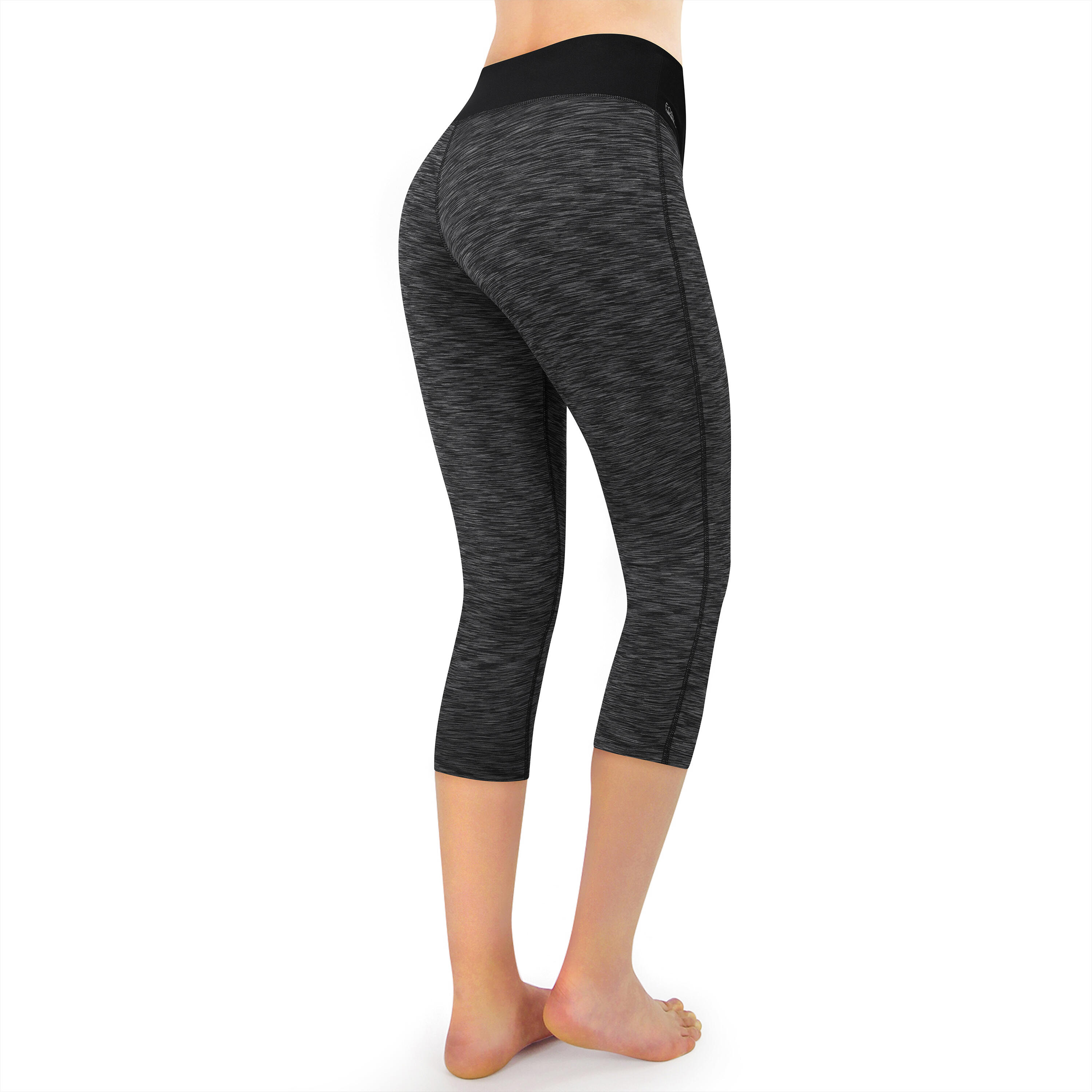 Damen 3/4 Laufhose Capri Hoher Bund, Atmungsaktiv, mit  Handytasche-schwarz grau 6/7