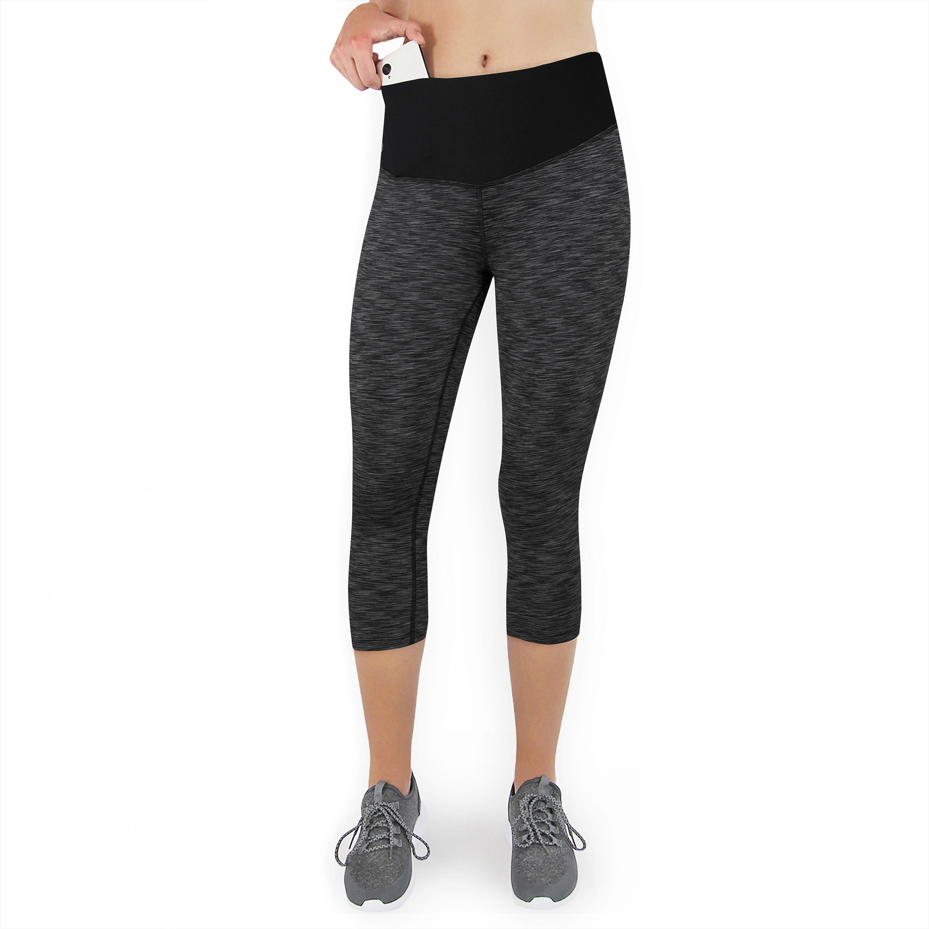 FORMBELT Damen 3/4 Laufhose Capri Hoher Bund, Atmungsaktiv, mit  Handytasche-schwarz grau