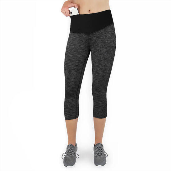 Damen 3/4 Laufhose Capri Hoher Bund, Atmungsaktiv, mit Handytasche-grau