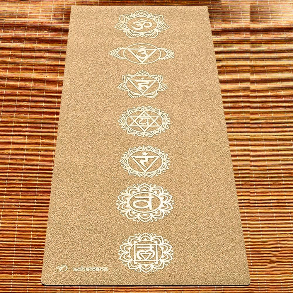 Tapete de yoga de caucho-corcho 5mmx68cmx1,83m 7 chakras impresión dorada 4/7