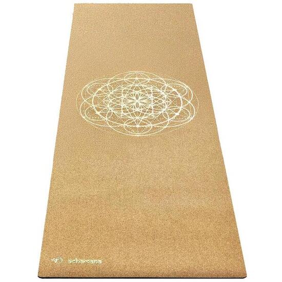 Tapis de yoga caoutchouc & liège XXL 4mm x 68cm x 2,15m Fleur de vie or
