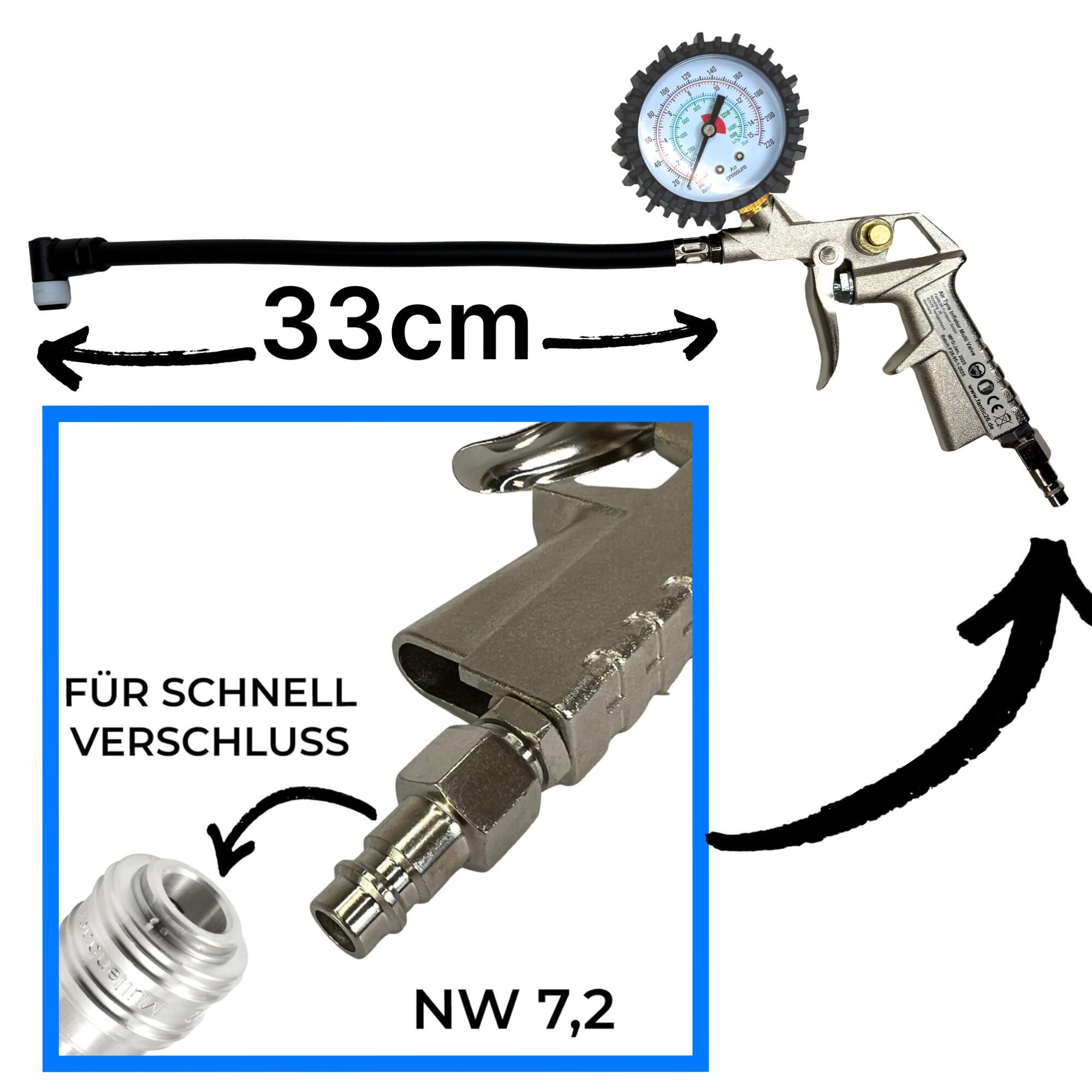 F26 Druckluft Kompressor Pistole + Schwalbe Clik Valve Tech Pumpenkopf SCV 3/7