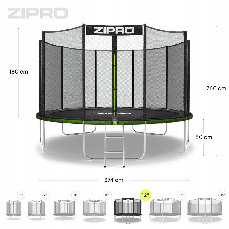 Trampolina ogrodowa Zipro Jump Pro z siatką zewnętrzną 12FT 374cm