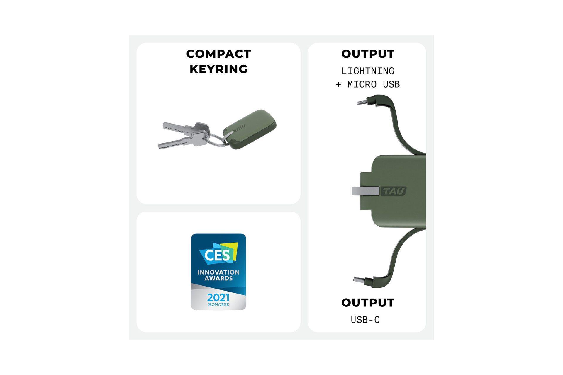 Porta-chaves TAU mini (1400 mAh) com cabo integrado - Porta-chaves 3 em 1 - 5/7