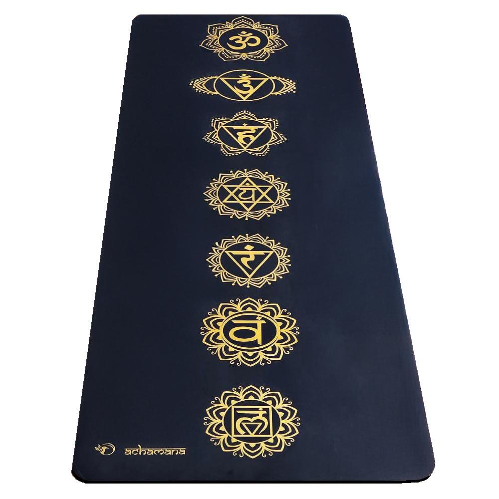 Tapete de yoga profissional, borracha + couro sintético, 7 chakras dourado +saco