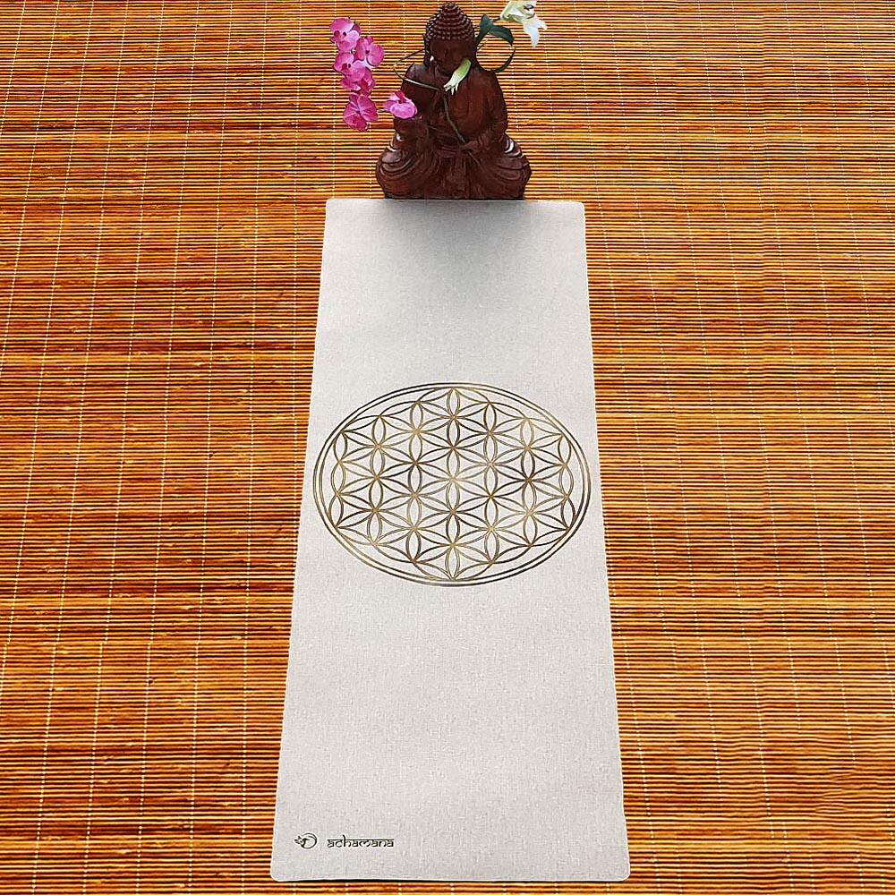 Tapete de yoga caucho natural y cáñamo 4,5mmx68cmx1,83m - Flor de la vida oro 2/7
