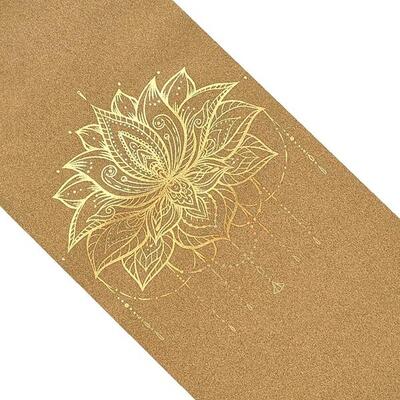 Reis yogamat latex en kurk 1.2mmx68cmx1.83m - gouden lotusbloem + riem