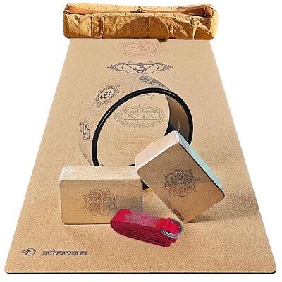 7 chakras cork yoga pack (beginner & yogi) wheel yoga mat, 2 strap bricks