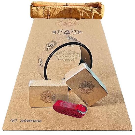 Pack yoga liège 7 Chakras (débutant & yogi) Tapis de yoga roue, 2 briques sangle