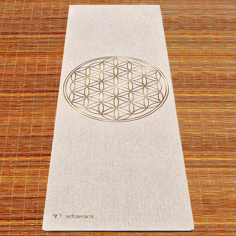 Tapis yoga caoutchouc & chanvre  4,5mm + Sac en cuir de liège - Fleur de vie or 2/7
