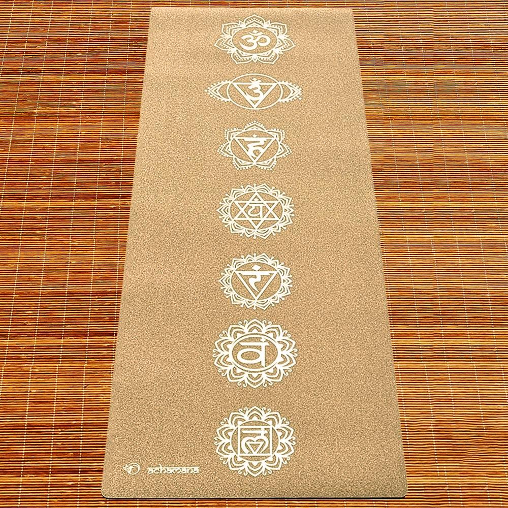 Tapete de yoga de caucho-corcho 5mmx68cmx1,83m 7 chakras impresión dorada 3/7