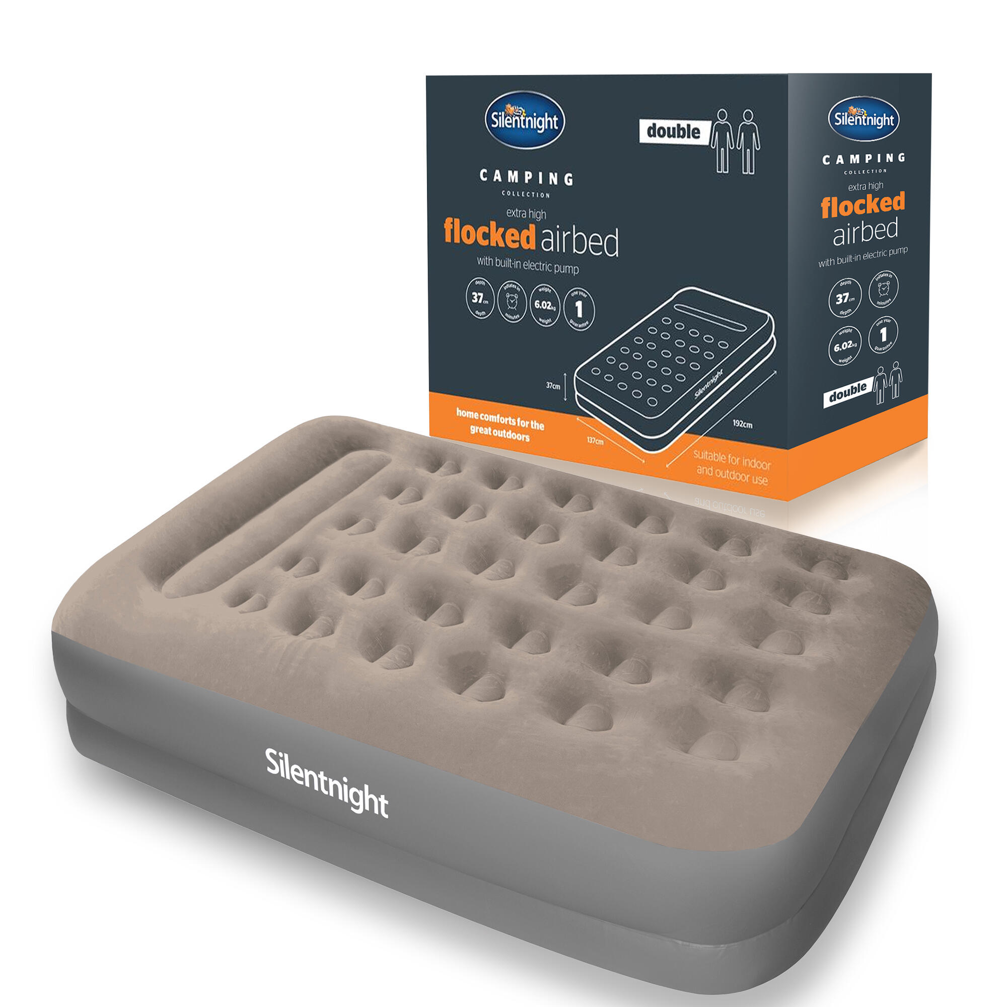 SILENTNIGHT Camping Collection Flock Air bed - Electric Pump - Grey Airbed - Double