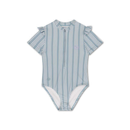 UV Swimsuit Girls With Short Sleeves - Green/White - Resort Stripe - 146/152