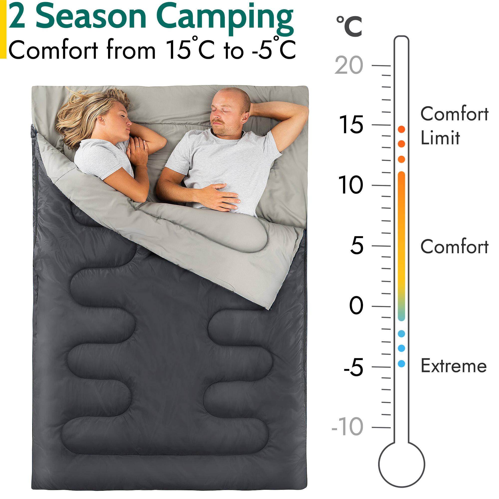 Double Sleeping Bag 2 Season Envelope Outdoor Camping Queen Size 250gsm Trail 2/6