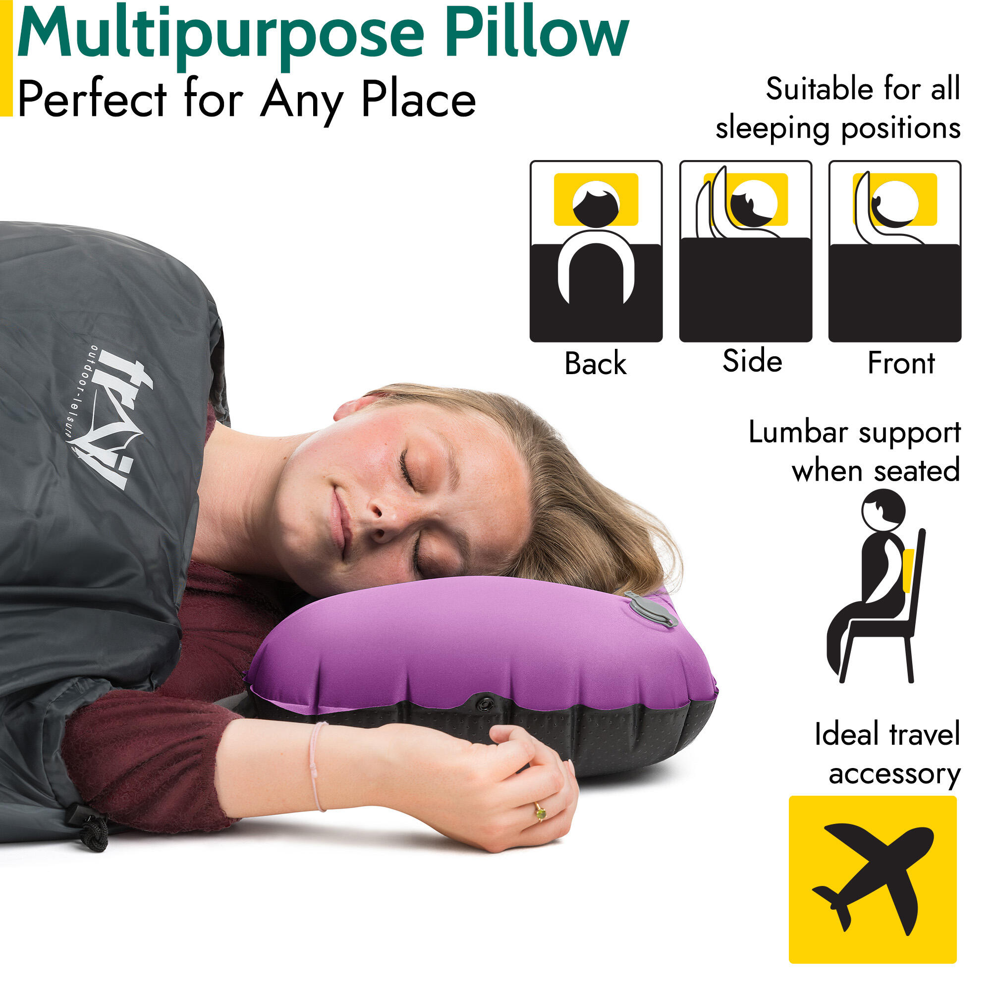 Inflatable Camping Pillow Large Travel Cushion Back Neck Support Waterproof 3/7