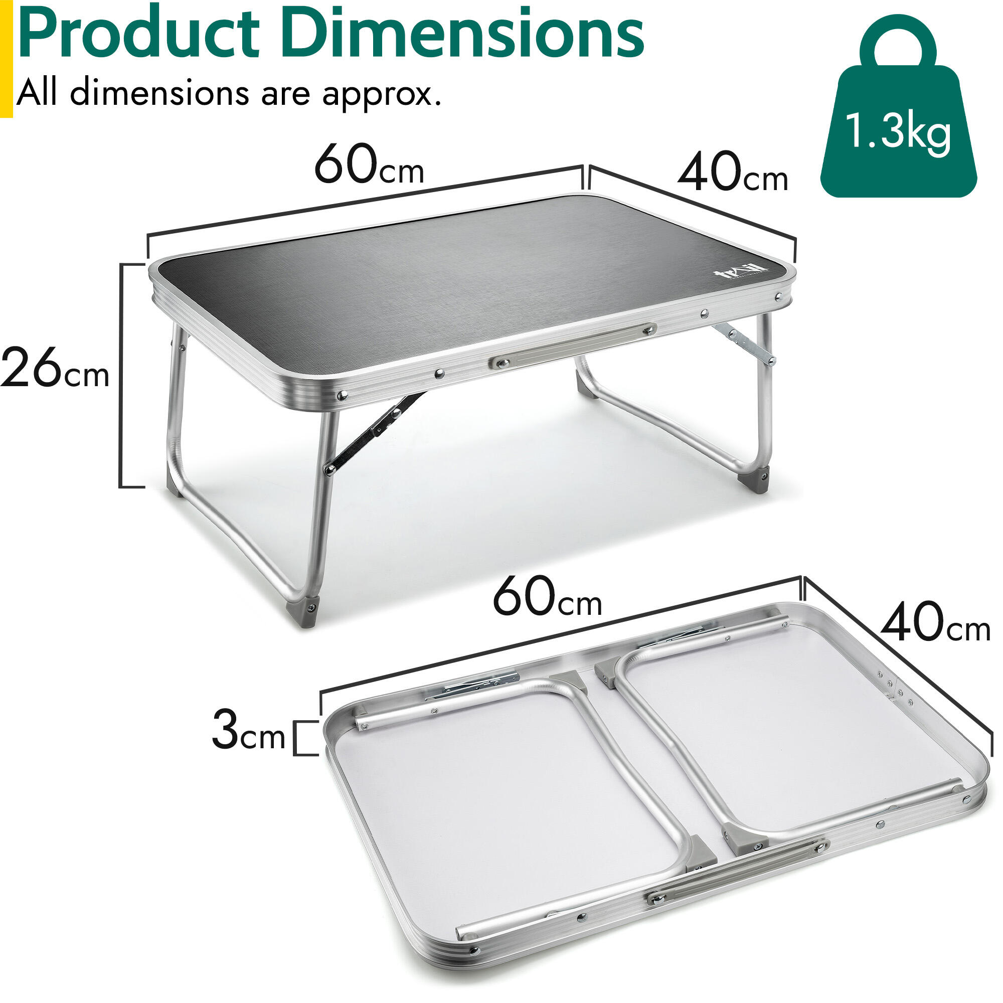 Folding Camping Table Lightweight Aluminium Frame W60cm x D40cm x H26cm Trail 7/7
