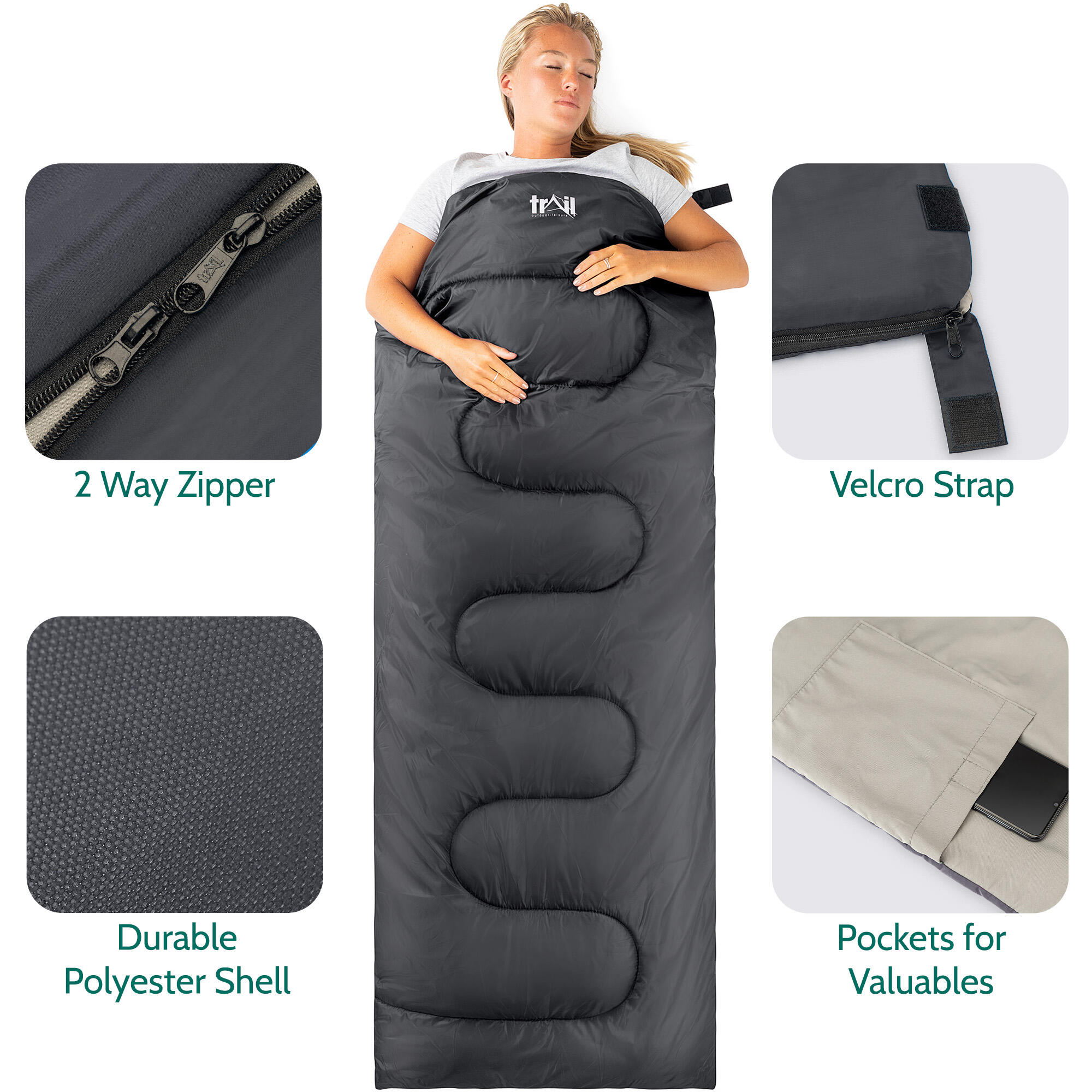 Envelope Sleeping Bag 2 Season Single Adult Outdoor Camping 200gsm Trail 3/5