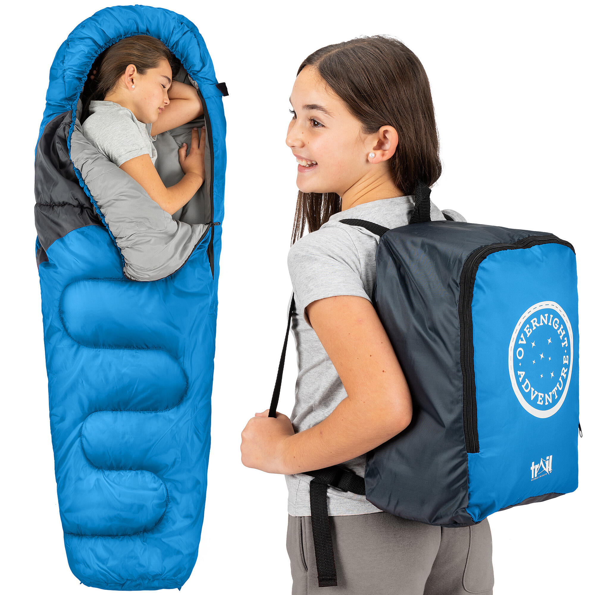 TRAIL OUTDOOR LEISURE Trail Kids Sleeping Bag Mummy Hooded 3 Season Soft Warm 2 Way Zip Boys Girls