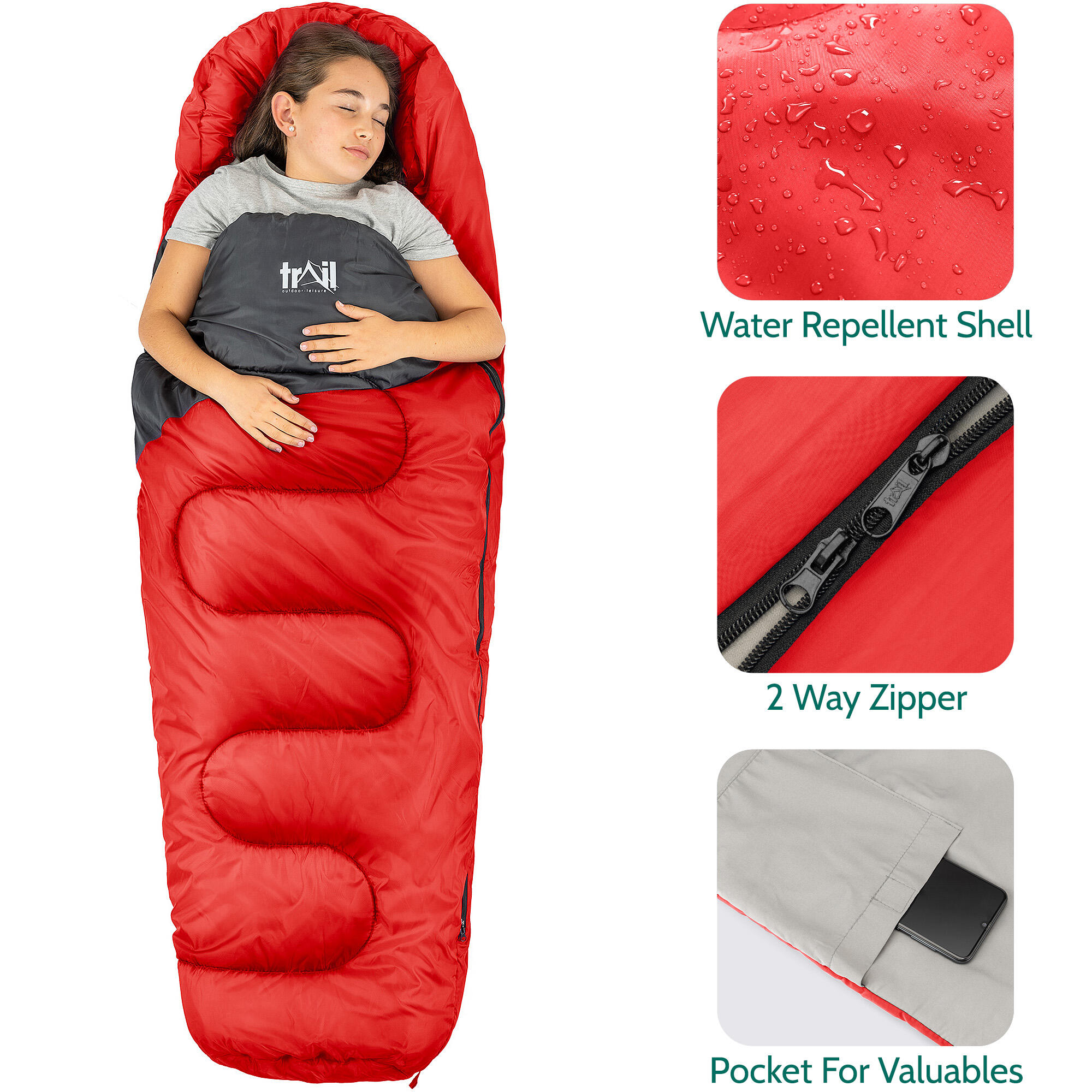 Trail Kids Sleeping Bag Mummy Hooded 3 Season Soft Warm 2 Way Zip Boys Girls 5/7