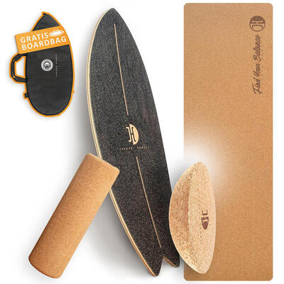 Balanceboard OCEAN ROCKER Black XL Set | Korkrolle + Korkmatte + Plank Ball