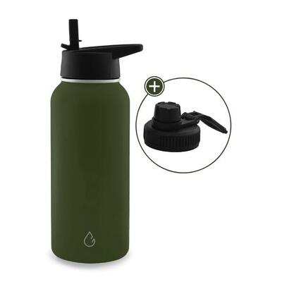 Pro waterfles rvs olijfgroen 1 liter - dop met rietje en sportdop
