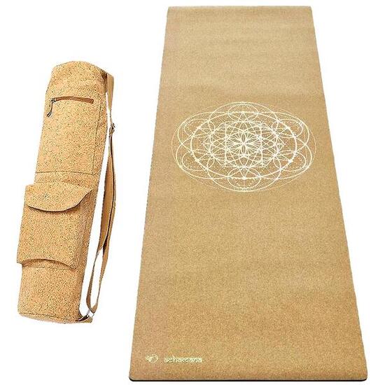 Kit Tapis de yoga caoutchouc & liège XXL 2,15m + Sac liège - Fleur de vie or