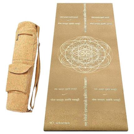 Kit Tapis de yoga caoutchouc & liège 5mm + Sac liège mantra de la Paix Or
