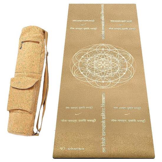 Kit tappetino yoga sughero e gomma 5 mm + borsa in sughero mantra della pace