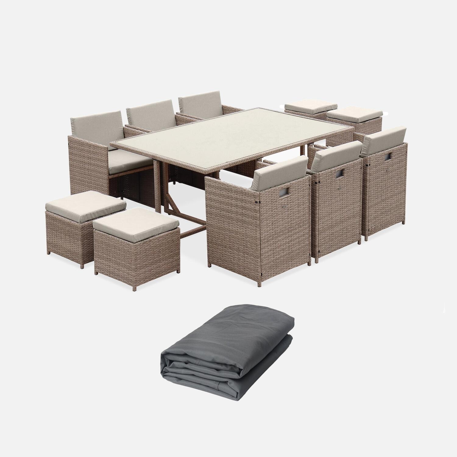 Mesa de jardim em resina com 10 cadeiras + capa de proteção, beige