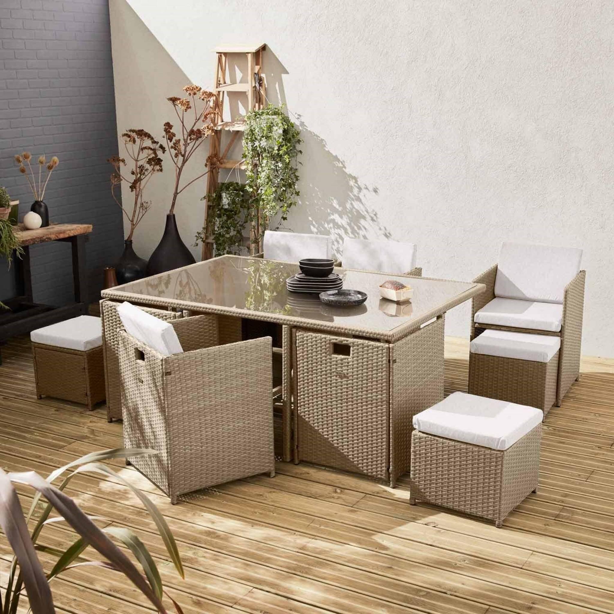 Mesa de jardim em resina com 10 cadeiras + capa de proteção, Beige 2/6