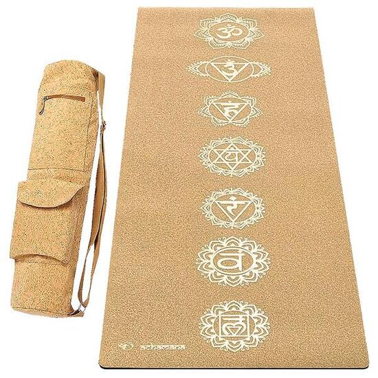 Kit tappetino yoga sughero e gomma 5 mm + borsa in sughero 7 chakra oro antico