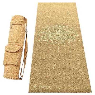 Kit tappetino yoga in sughero e gomma 5 mm + borsa in sughero. Lotus oro