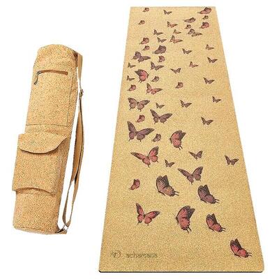 Kit tappetino yoga gomma e sughero XXL 2.15 m + borsa in sughero - Farfalle