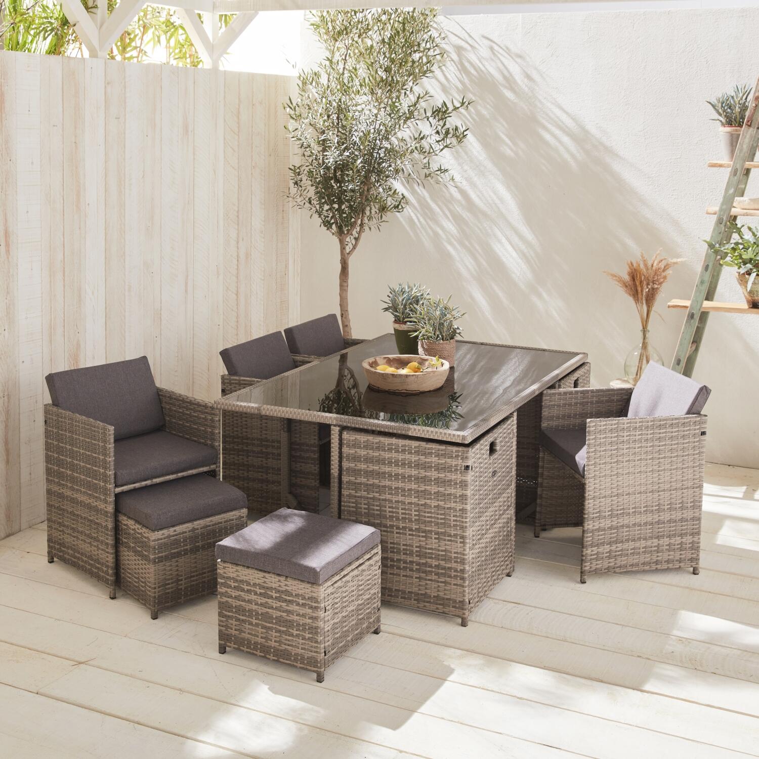 Mesa de jardim em resina com 10 cadeiras + capa de proteção, Tons de cinza