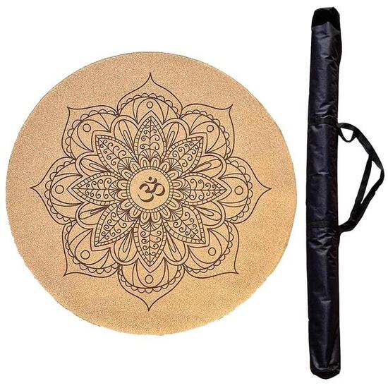 Tapis yoga rond caoutchouc & liège -Pratique et méditation- Mandala Om + Sac