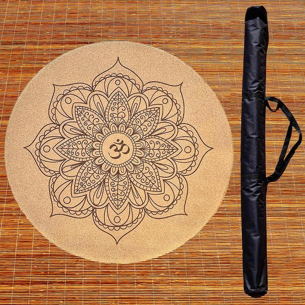 Tapis yoga rond caoutchouc & liège -Pratique et méditation- Mandala Om + Sac 5/6