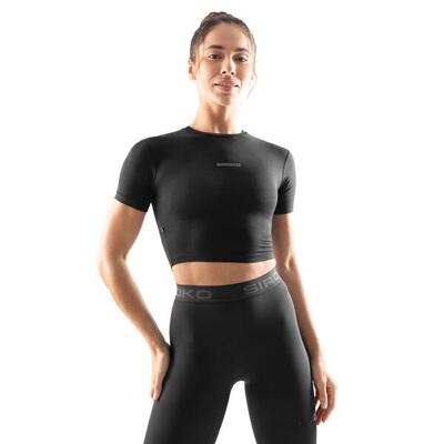 Dames fitness crop top met korte mouwen sculpt zwart