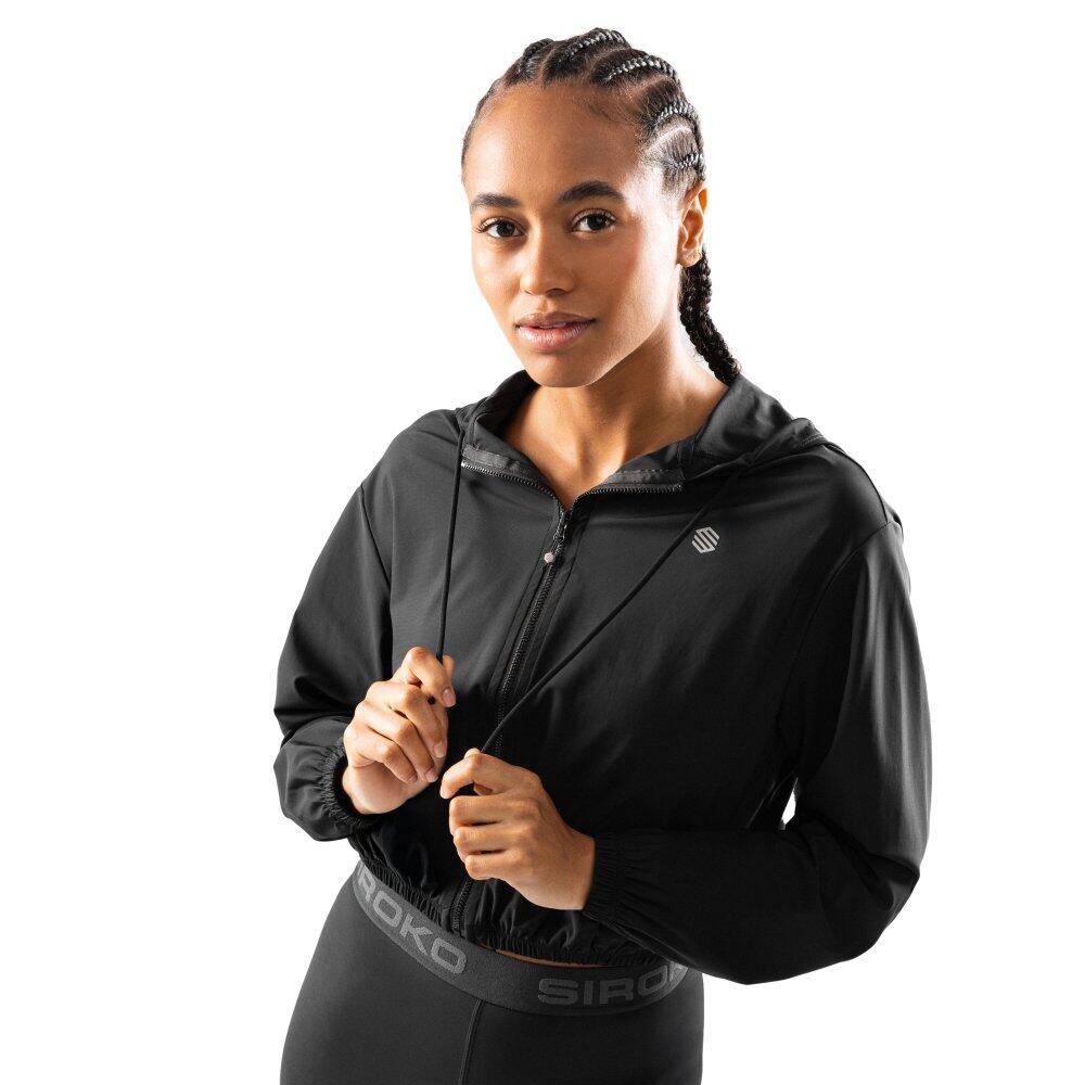 Casaco de treino corta-vento cropped ultraleve para mulher fitness pando preto
