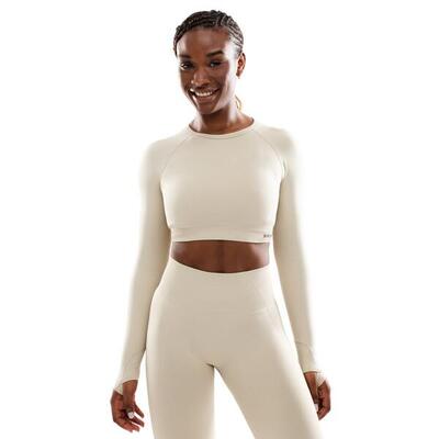 Dames fitness naadloze sport crop top met lange mouwen victory beige