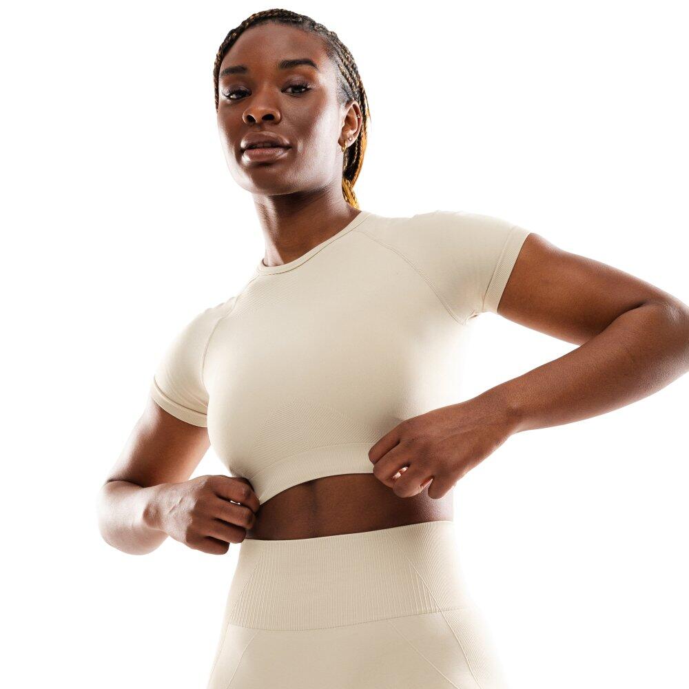 Women Fitness 's seamless short sleeve sports crop top Steam Beige