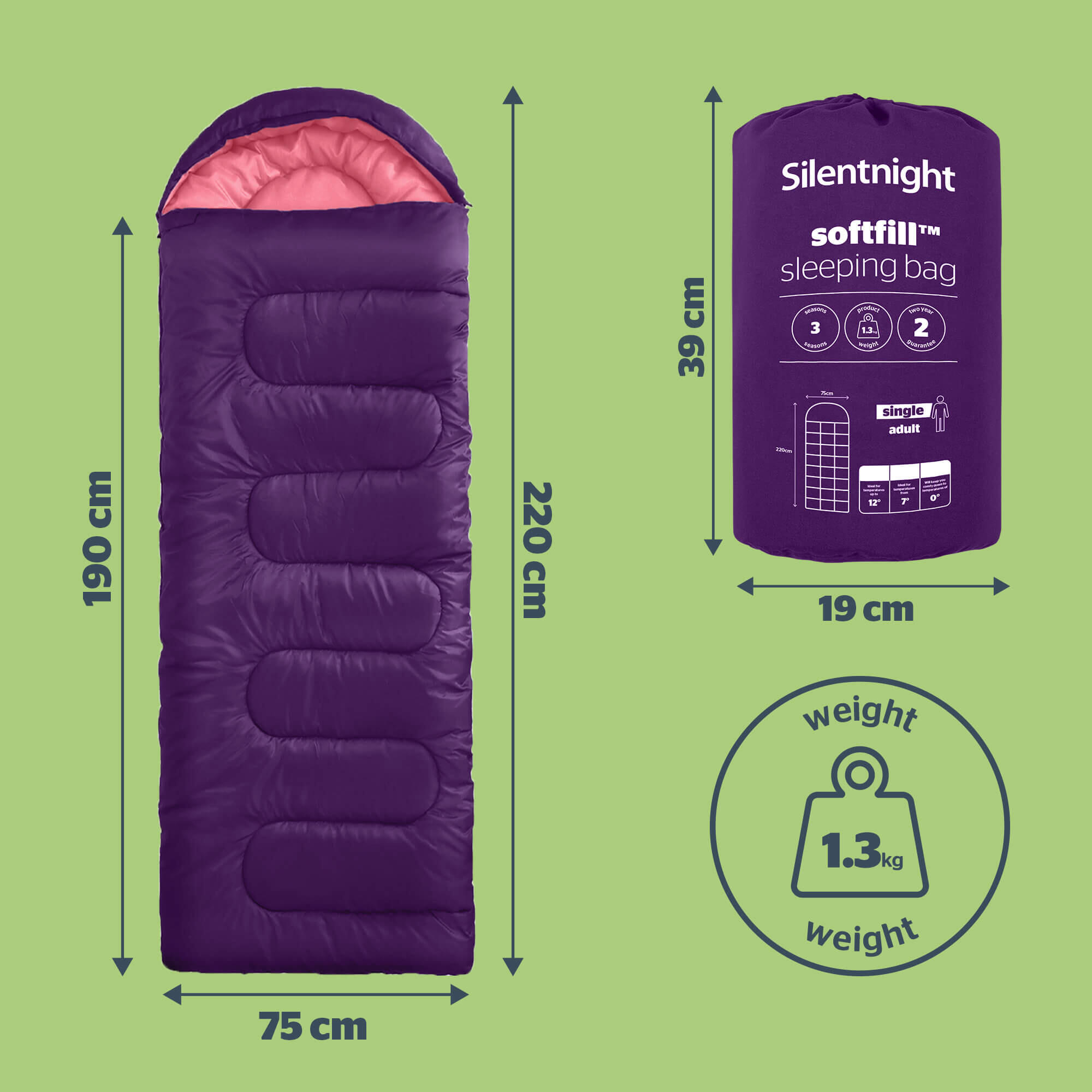 Camping Collection Adult Sleeping Bag - Purple - Single 7/7